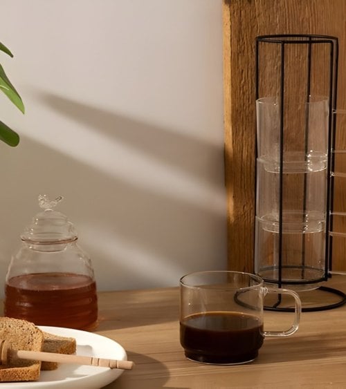 Set de 4 Tazas Mug de Vidrio con Soporte
