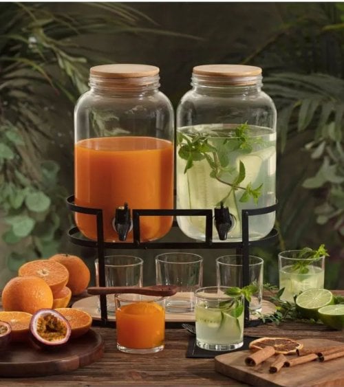 Set de 2 Dispensadores de Bebidas con 6 Vasos y Soporte
