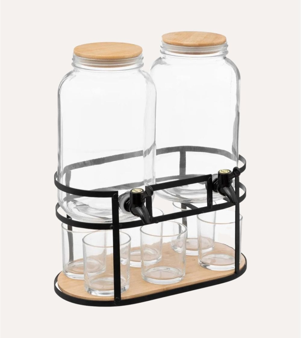 Set de 2 Dispensadores de Bebidas con 6 Vasos y Soporte