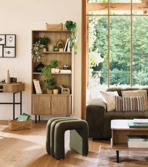 Puff Sisco de Tela y Madera Contrachapada