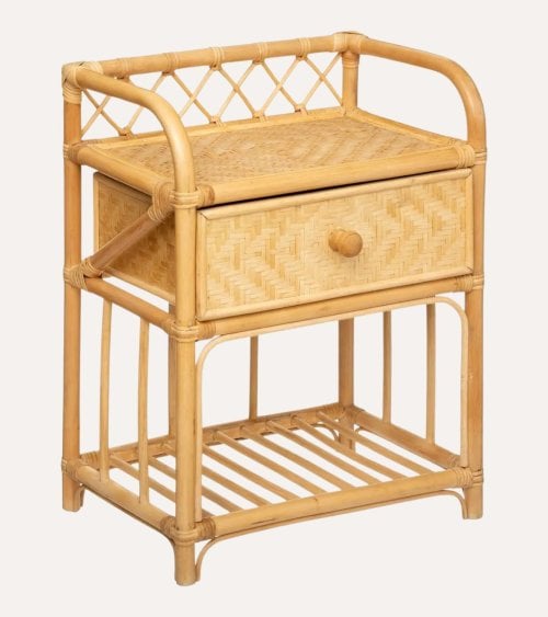Mesita de Noche Aoni con Un Cajón de Bambú, Ratán y Madera