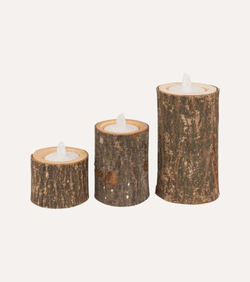 Set de 3 Portavelas Navideño de Tronco de Madera