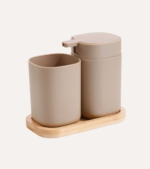 Set de Dispensador de Jabón con Portacepillos y Soporte de Plástico y Madera