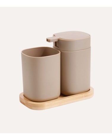 Set de Dispensador de Jabón con Portacepillos y Soporte de Plástico y Madera