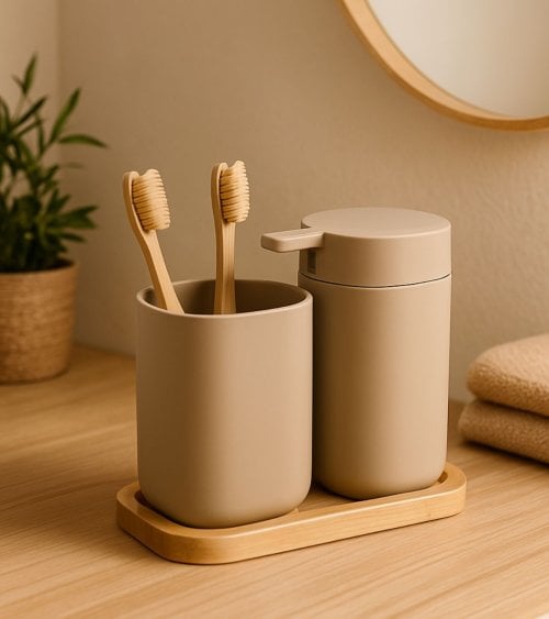 Set de Dispensador de Jabón con Portacepillos y Soporte de Plástico y Madera