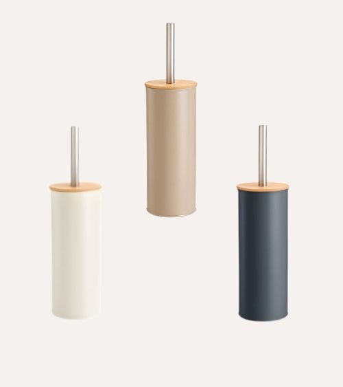 Escobillero de Baño de Metal con Tapa de Bambú