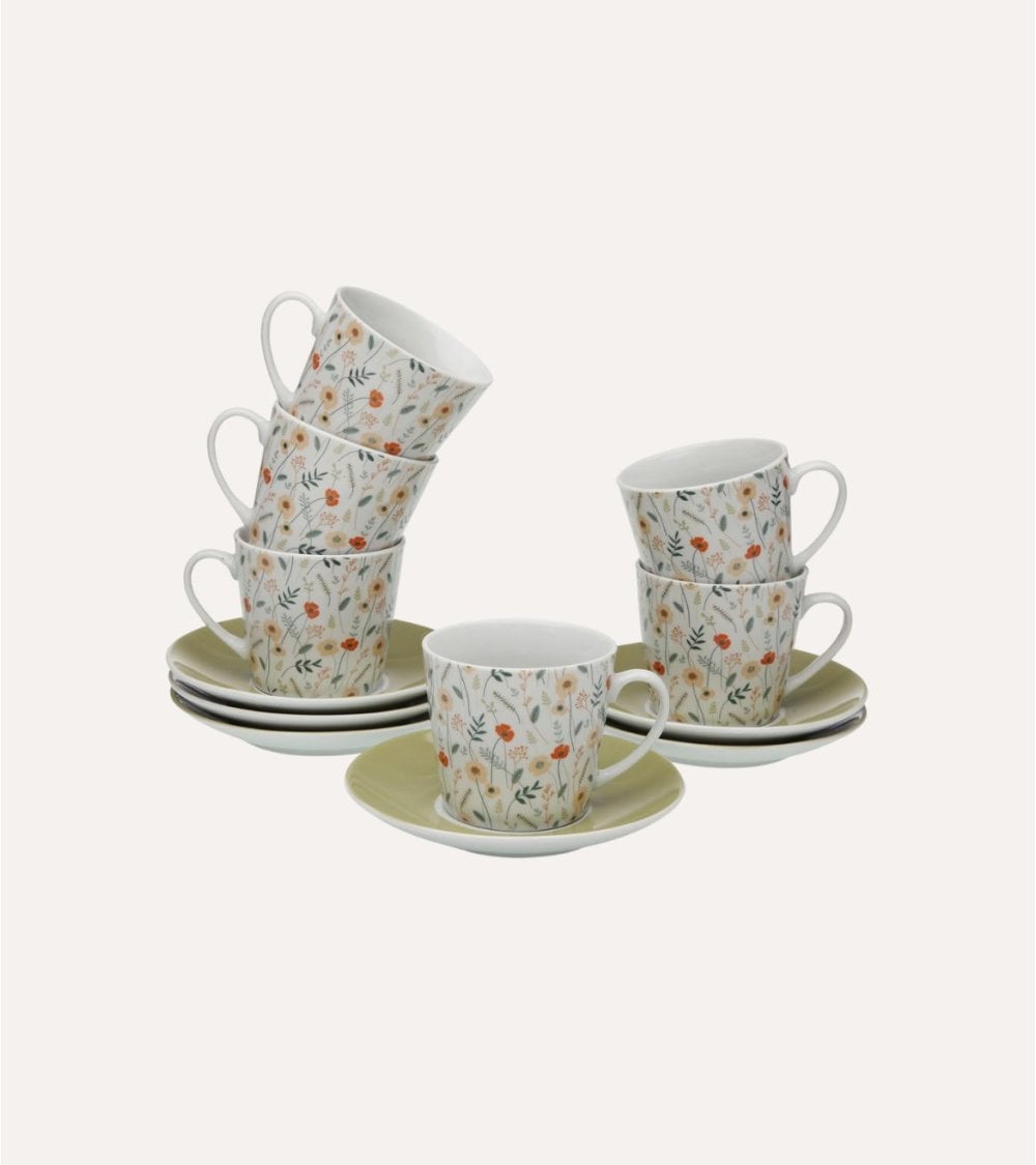 Set de 6 Tazas y Platos Verdi de Porcelana