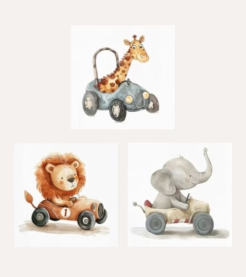 Cuadro Impreso Infantil Coche con Animalito de Lienzo