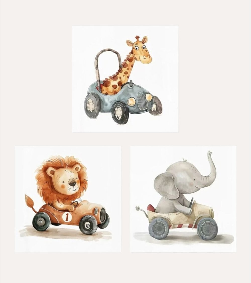 Cuadro Impreso Infantil Coche con Animalito de Lienzo