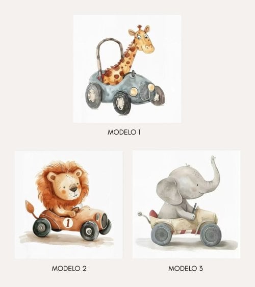 Cuadro Impreso Infantil Coche con Animalito de Lienzo