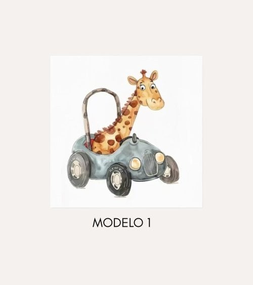 Cuadro Impreso Infantil Coche con Animalito de Lienzo