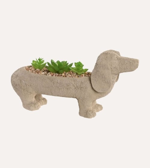 Figura Decorativa Perro Salchicha con Planta de Resina