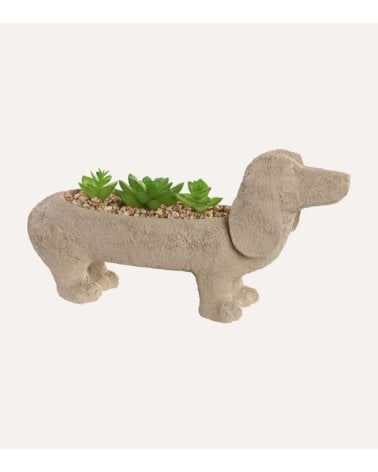 Figura Decorativa Perro Salchicha con Planta de Resina