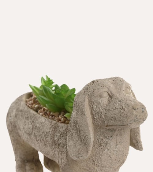 Figura Decorativa Perro Salchicha con Planta de Resina