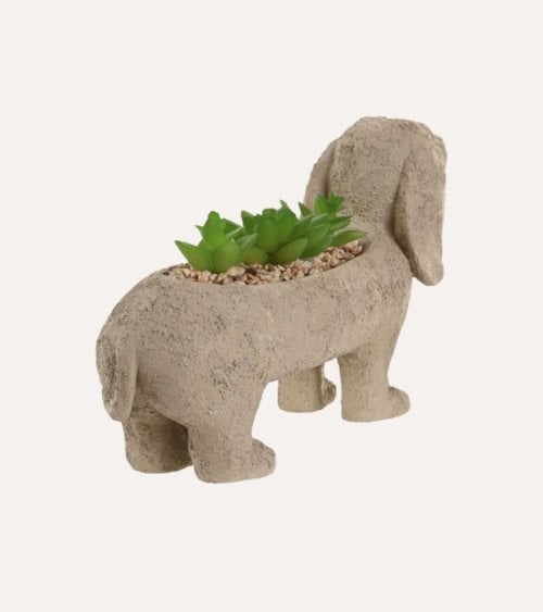 Figura Decorativa Perro Salchicha con Planta de Resina