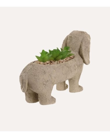 Figura Decorativa Perro Salchicha con Planta de Resina
