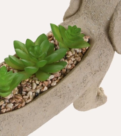 Figura Decorativa Perro Salchicha con Planta de Resina