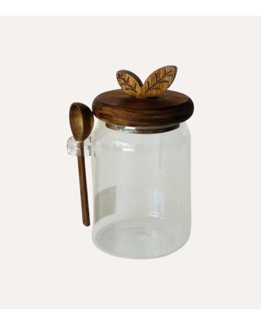 Bote Hojas con Cuchara de Cristal y Madera de Acacia