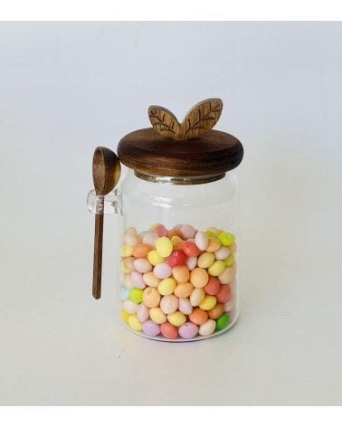 Bote Hojas con Cuchara de Cristal y Madera de Acacia
