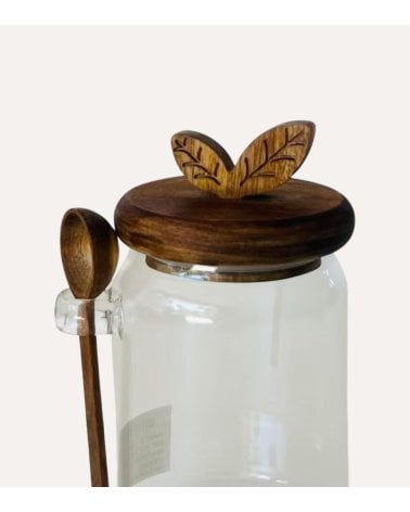 Bote Hojas con Cuchara de Cristal y Madera de Acacia