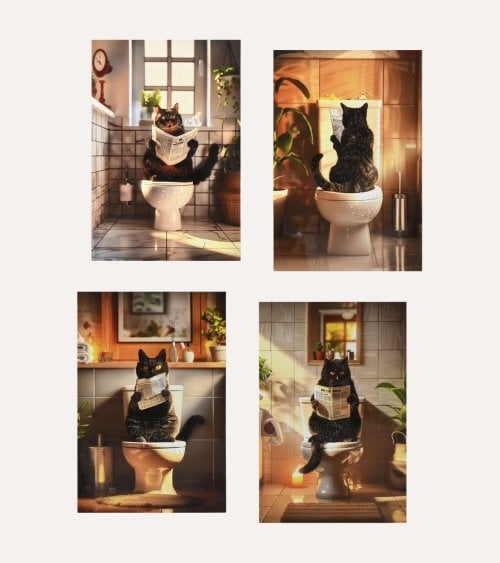 Cuadro Impreso Gato en Baño con Purpurina y Textura