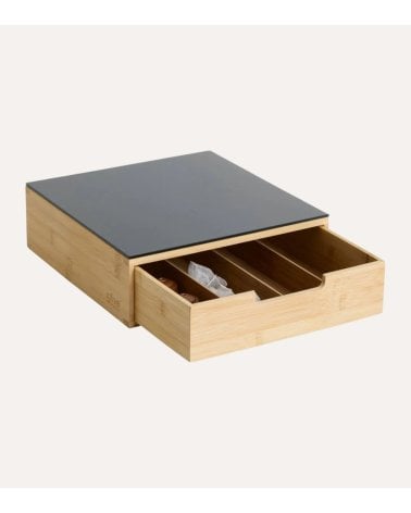 Portacápsulas Negro con Compartimientos de Bambú y Vidrio