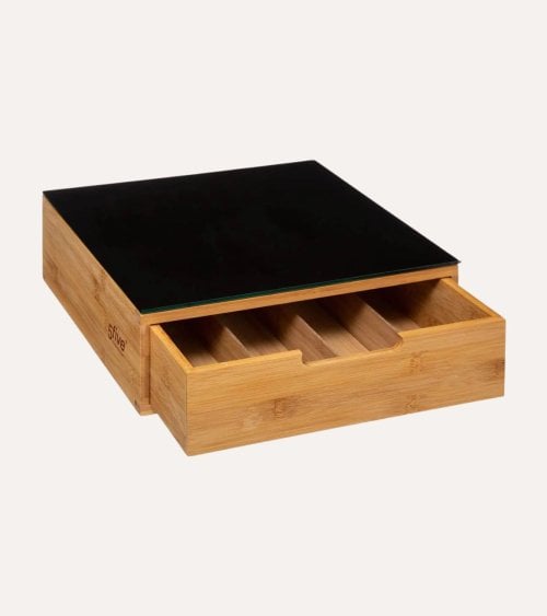 Portacápsulas Negro con Compartimientos de Bambú y Vidrio
