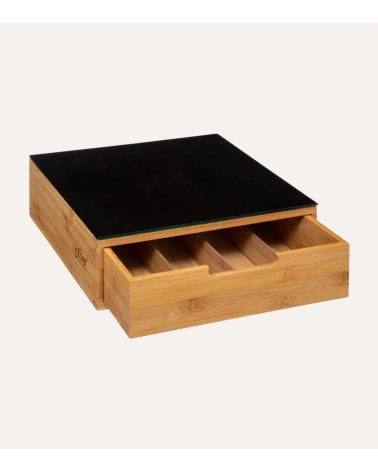 Portacápsulas Negro con Compartimientos de Bambú y Vidrio