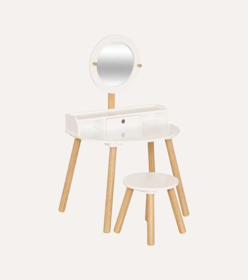 Tocador Infantil Bella con Taburete de Madera de Pino y MDF