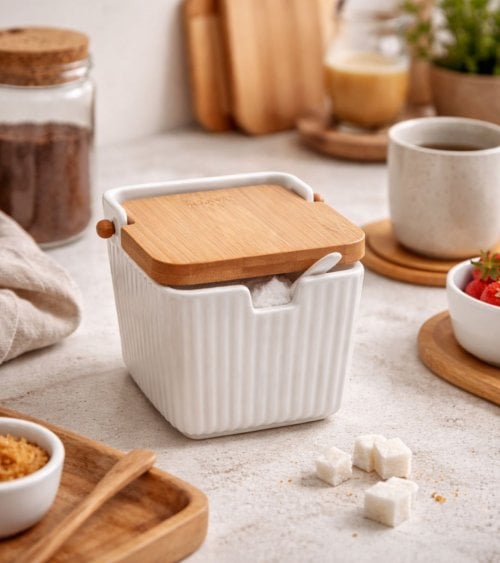 Azúcarero a Rayas con Cuchara de Porcelana y Tapa de Bambú