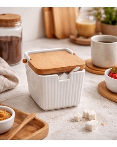 Azúcarero a Rayas con Cuchara de Porcelana y Tapa de Bambú