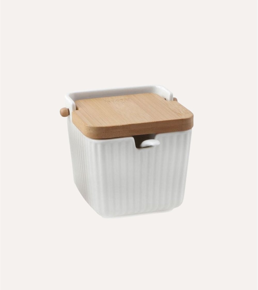 Azúcarero a Rayas con Cuchara de Porcelana y Tapa de Bambú