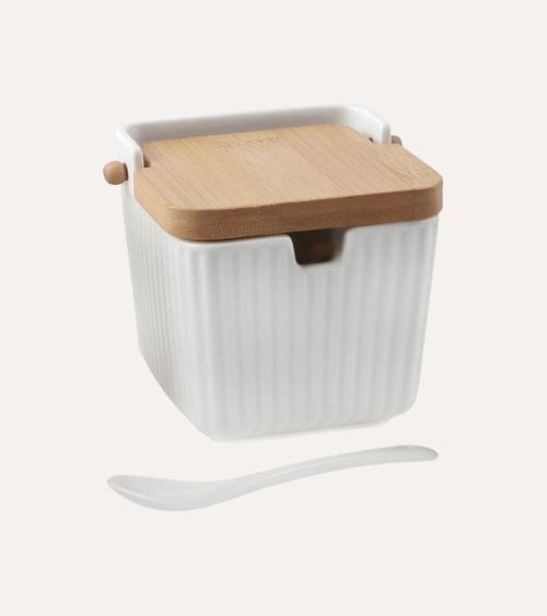 Azúcarero a Rayas con Cuchara de Porcelana y Tapa de Bambú