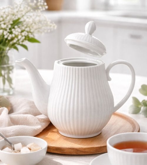 Tetera A Rayas de Porcelana Grabada