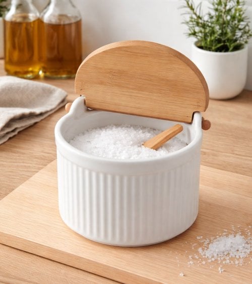 Salero A Rayas de Porcelana y Tapa de Bambú