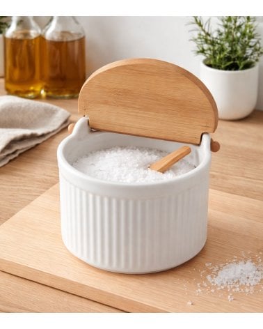 Salero A Rayas de Porcelana y Tapa de Bambú