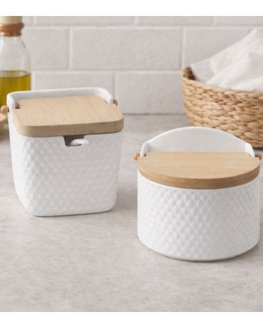 Azucarero Escamas con Cuchara de Porcelana Grabada y Bambú