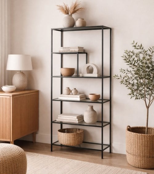 Estantería Asimétrica con 5 Niveles de Hierro y Cristal