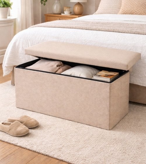 Puff Plegable Doble Efecto Lino de MDF y Poliéster