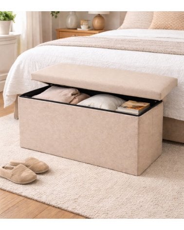 Puff Plegable Doble Efecto Lino de MDF y Poliéster