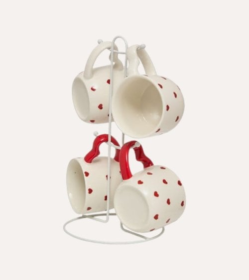 Set de 4 Tazas Mug Valentine con Asa de Corazón y Soporte