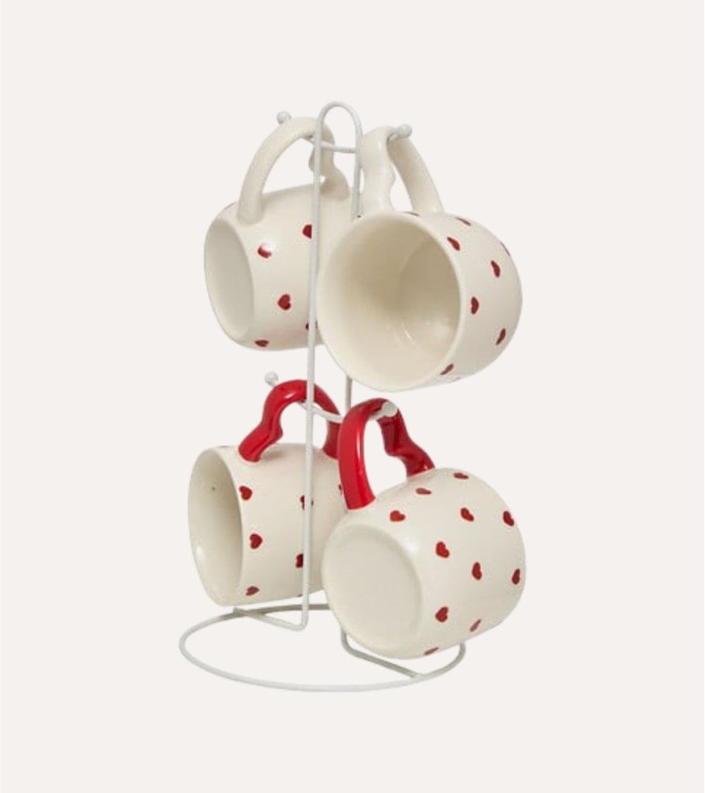 Set de 4 Tazas Mug Valentine con Asa de Corazón y Soporte