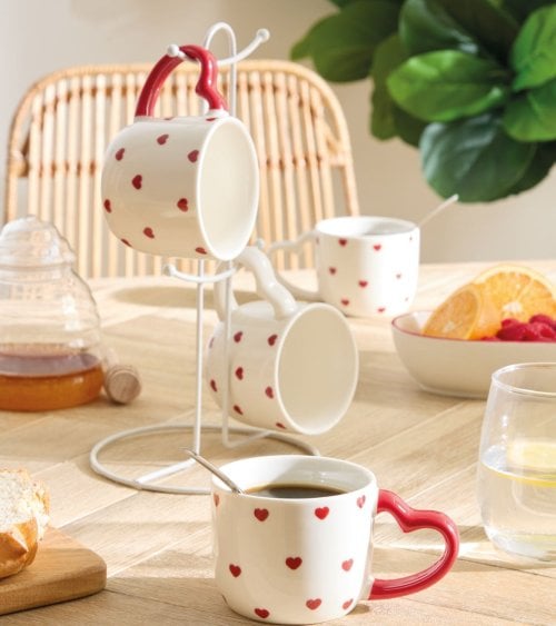 Set de 4 Tazas Mug Valentine con Asa de Corazón y Soporte
