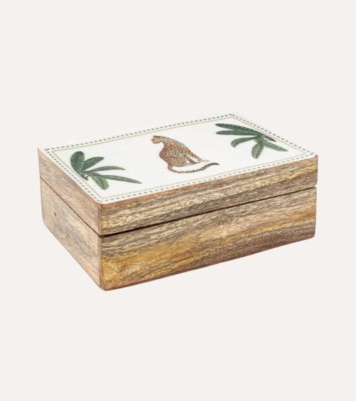 Caja Zahara con Leopardo de Madera de Mango
