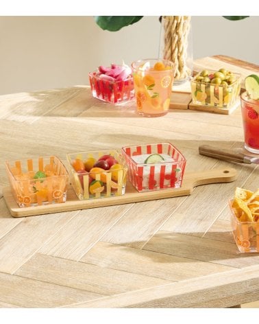 Bandeja con Cuencos para Aperitivo Fruity de Bambú y Vidrio