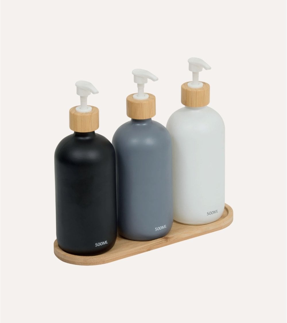 Set de 3 Dispensadores de Jabón de Vidrio con Base de Bambú