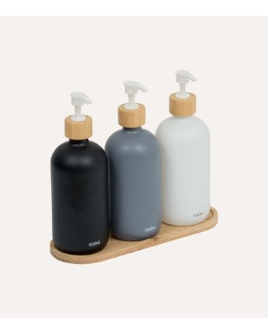 Set de 3 Dispensadores de Jabón de Vidrio con Base de Bambú