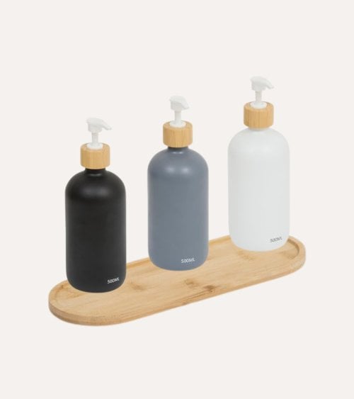 Set de 3 Dispensadores de Jabón de Vidrio con Base de Bambú
