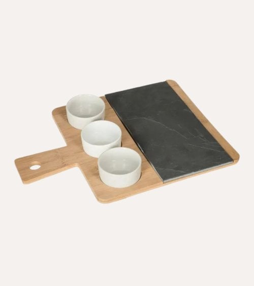 Set de Tabla de Presentación y Cuencos para Aperitivos de Pizarra y Bambú