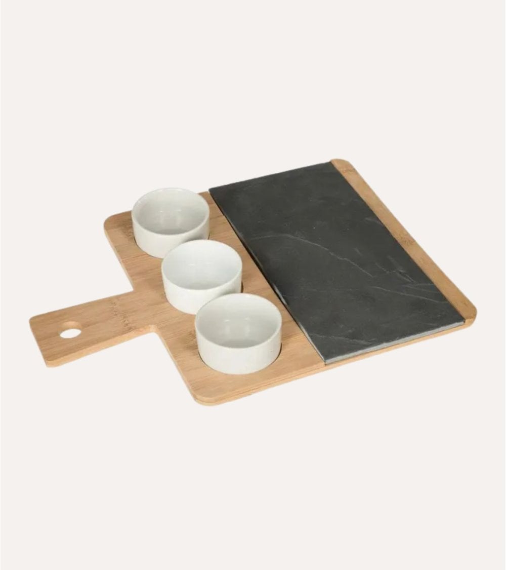 Set de Tabla de Presentación y Cuencos para Aperitivos de Pizarra y Bambú